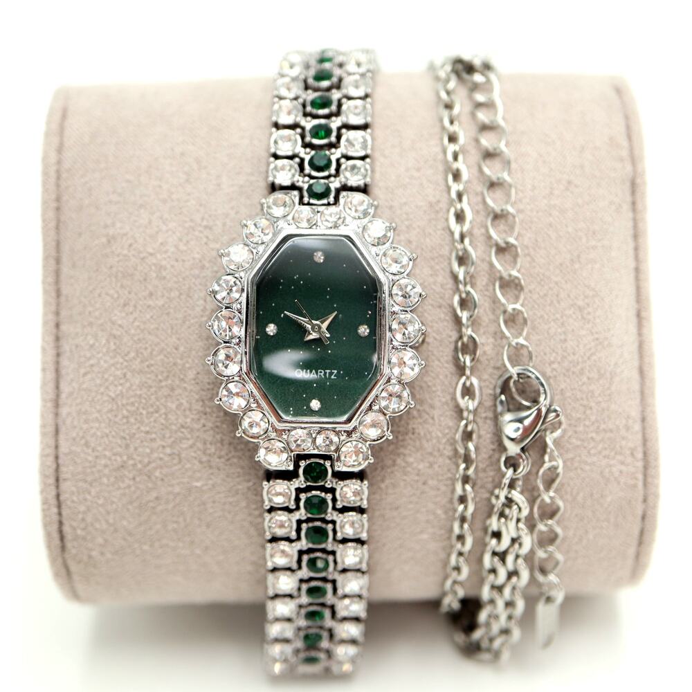 Women's Silver Tone Clear Green Gem Set 25mm Watch Chain Bracelet w New Battery